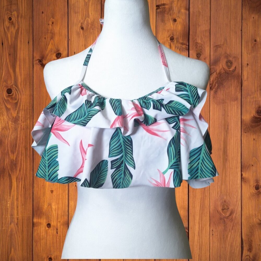 Heat Move Floral Tropical Flouncy Bikini Halter Top Tie Back Size Large Beach